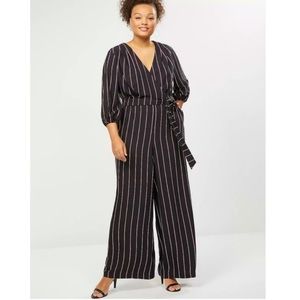 LANE BRYANT Black Striped Faux Wrap Crossover Wide Leg Jumpsuit - Size 22